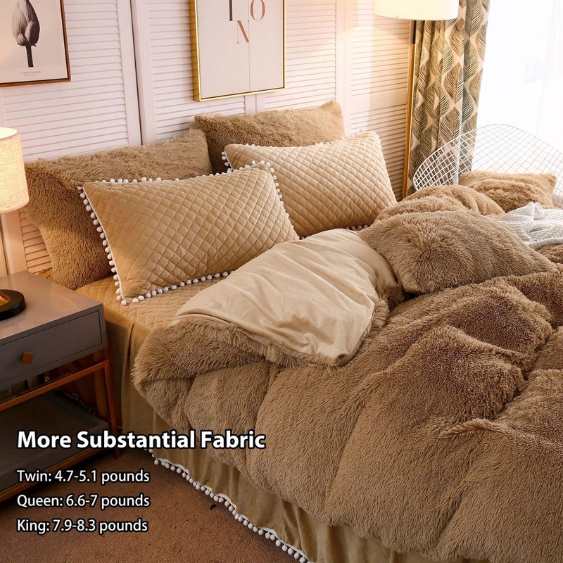 LIFEREVO Luxury Plush Shaggy Duvet Cover Set, Soft Velvet Fluffy Furry Duvet Cover Set(1 Faux Fur Fuzzy Comforter Cover + 2 Pom Poms Pillow Cases) Solid Bedding Set, Zipper Closure(Full/Queen, Camel) - Image 4